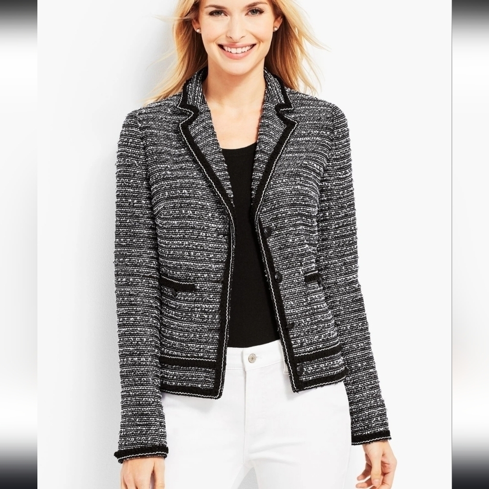 Talbots Petite Tweed Fringe Trim Blazer Jacket Black Grey NWOT Size 16P